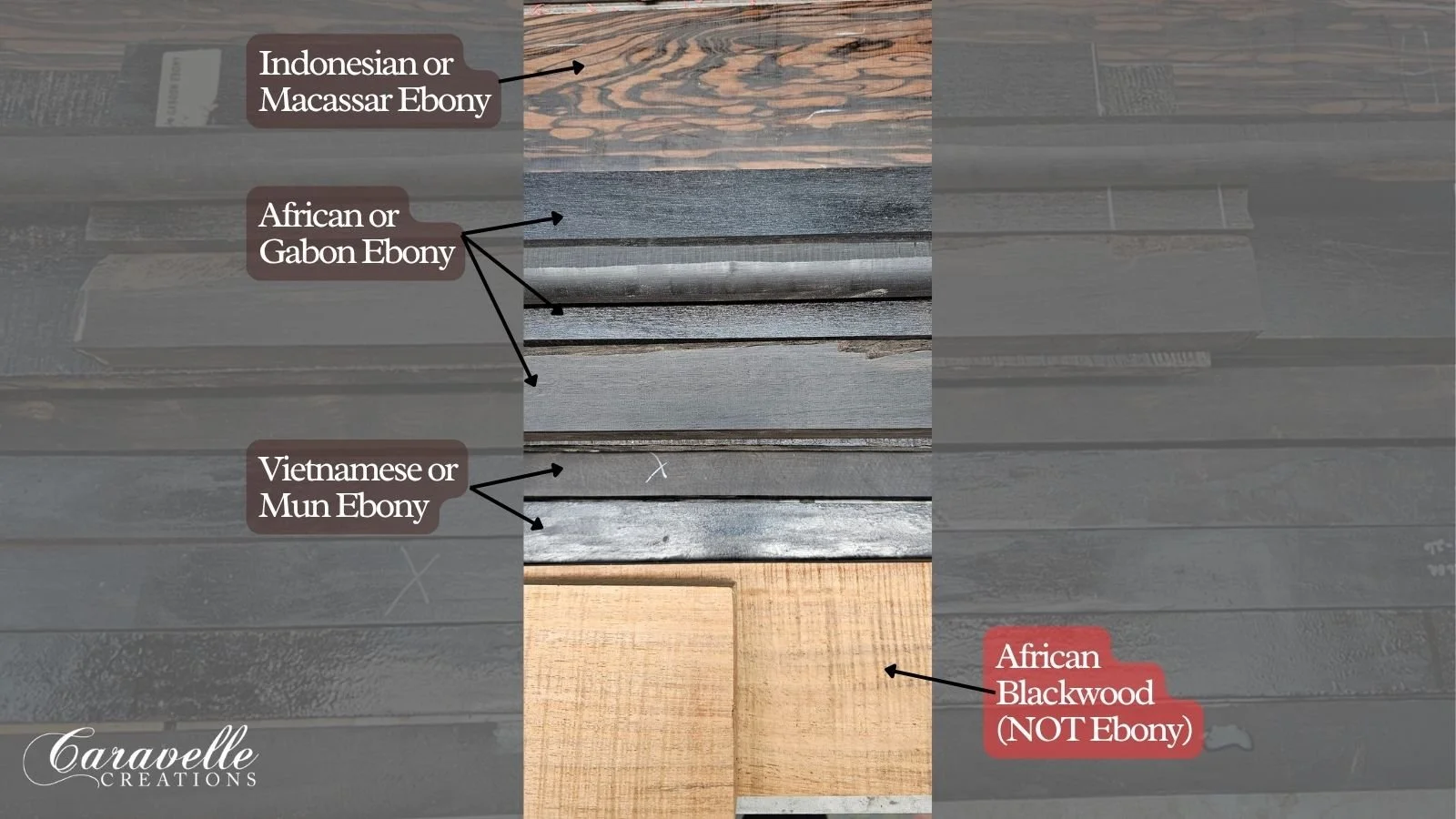 different types of ebony wood next to African Blackwood