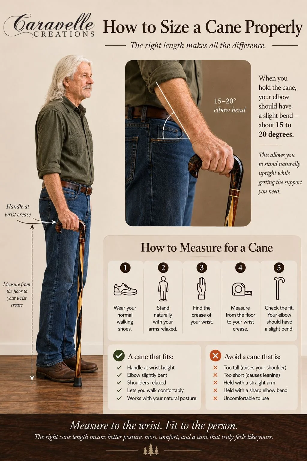 Man standing and holding a cane with 15-20% bend at the elbow showing instructions for how to properly measure a cane