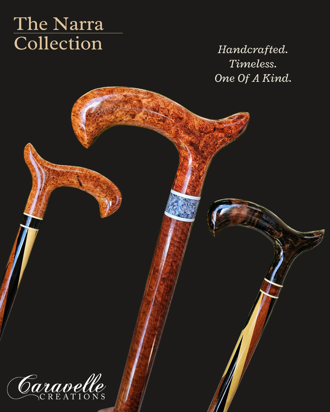 3 handcrafted custom luxury canes made using Narra wood and Emboyna burl