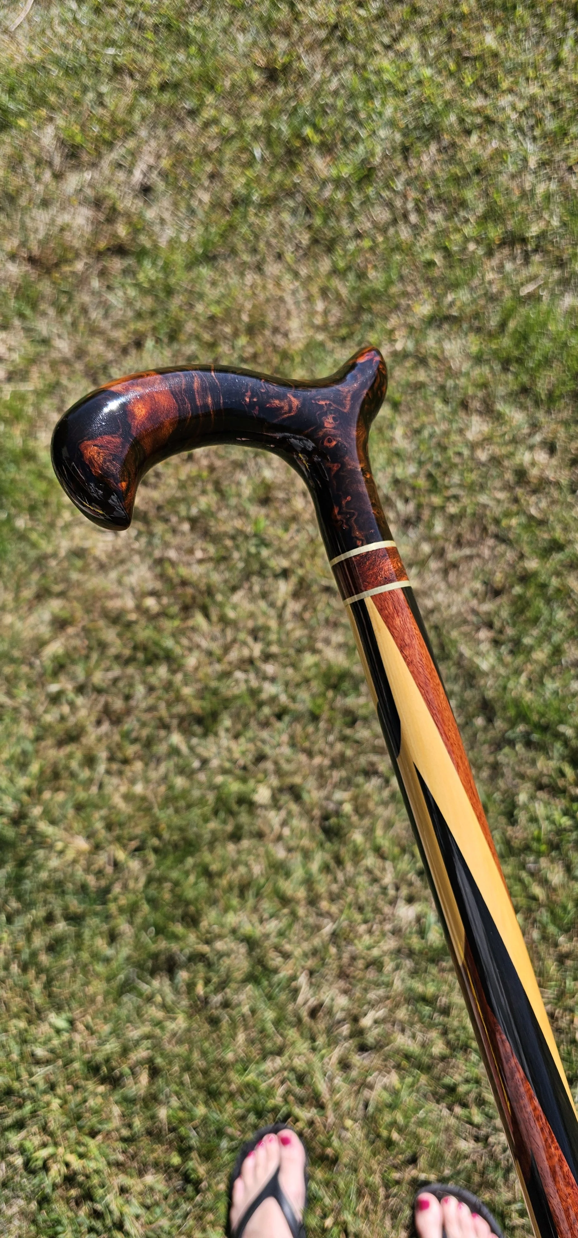 Walking cane with a dark ebony burl handle and a body striped in orange Narra, yellow yellowheart and black ebony.