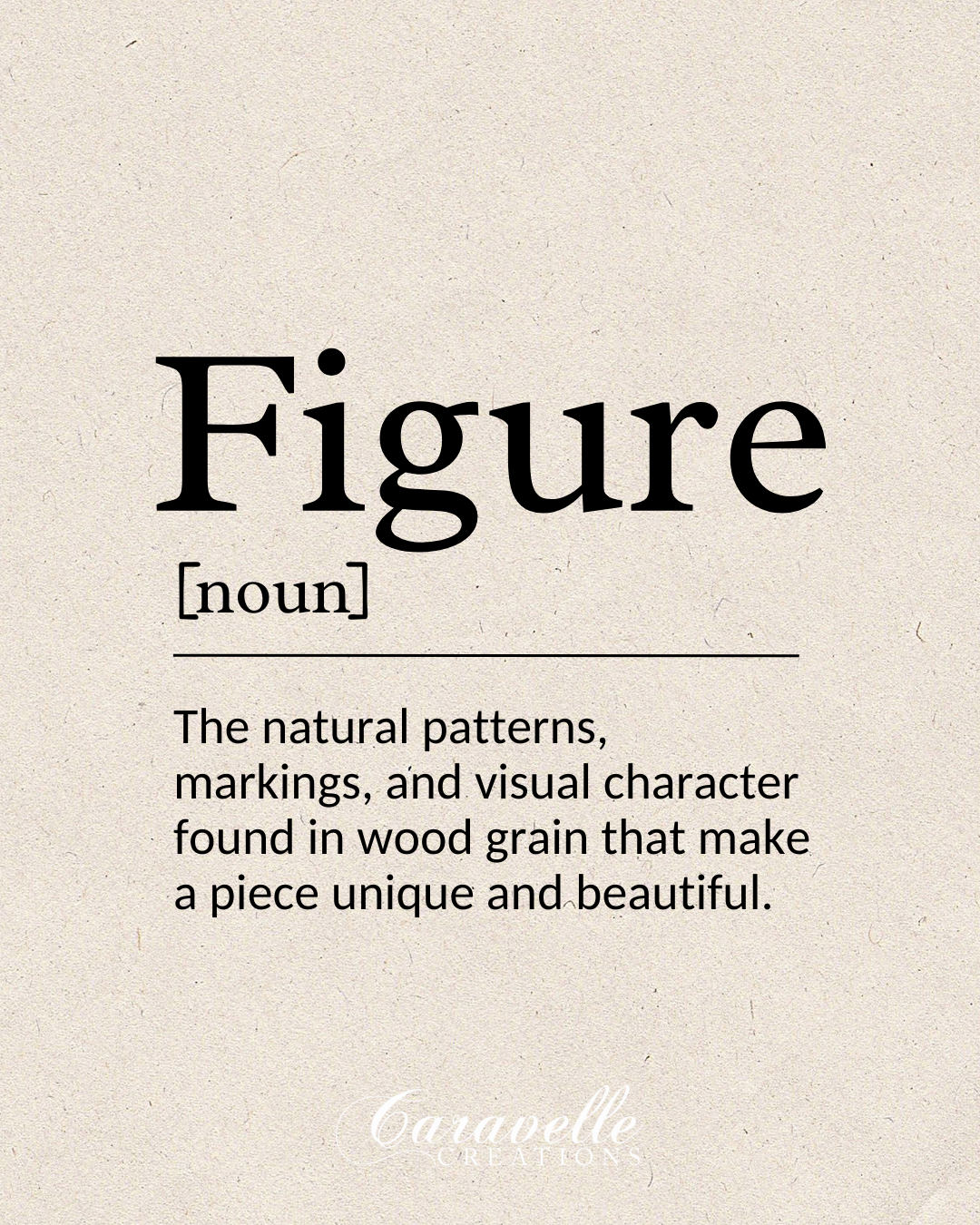 Definition card for figure, a woodworking term for natural patterns and visual character in wood.