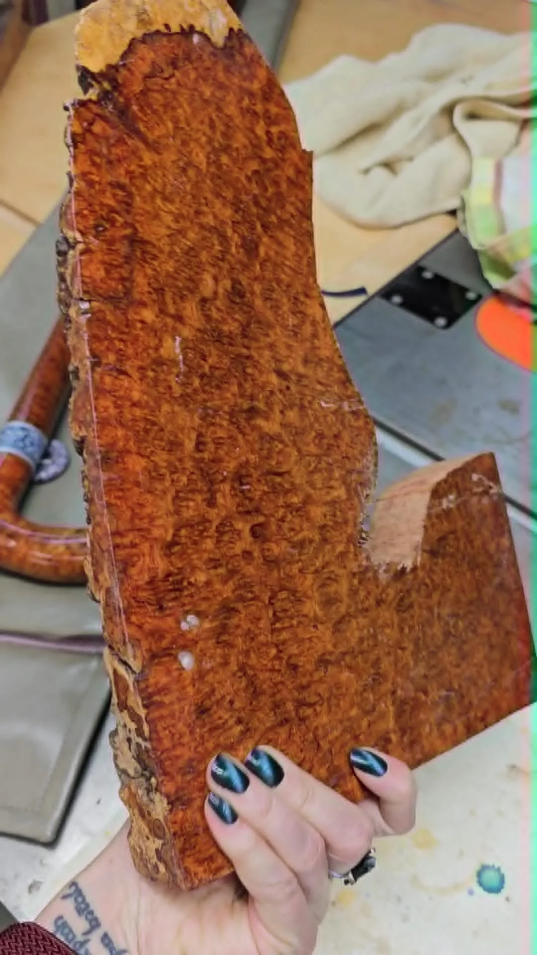 Raw piece of Amboyna Burl used to make a custom wood cane.