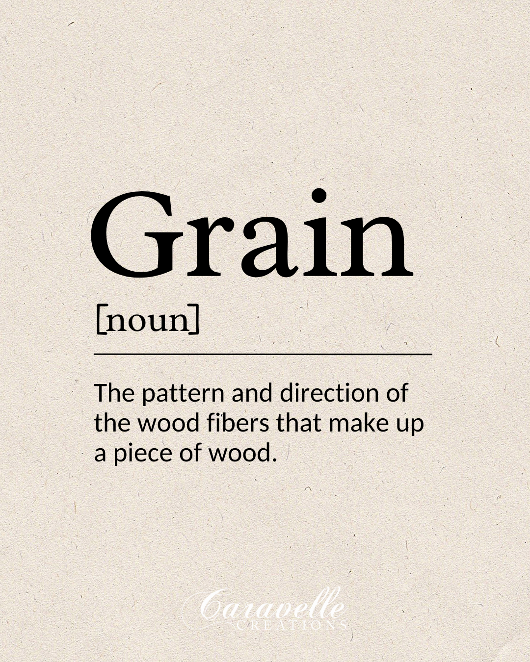 Definition card for grain, a woodworking term describing the pattern and direction of wood fibers.