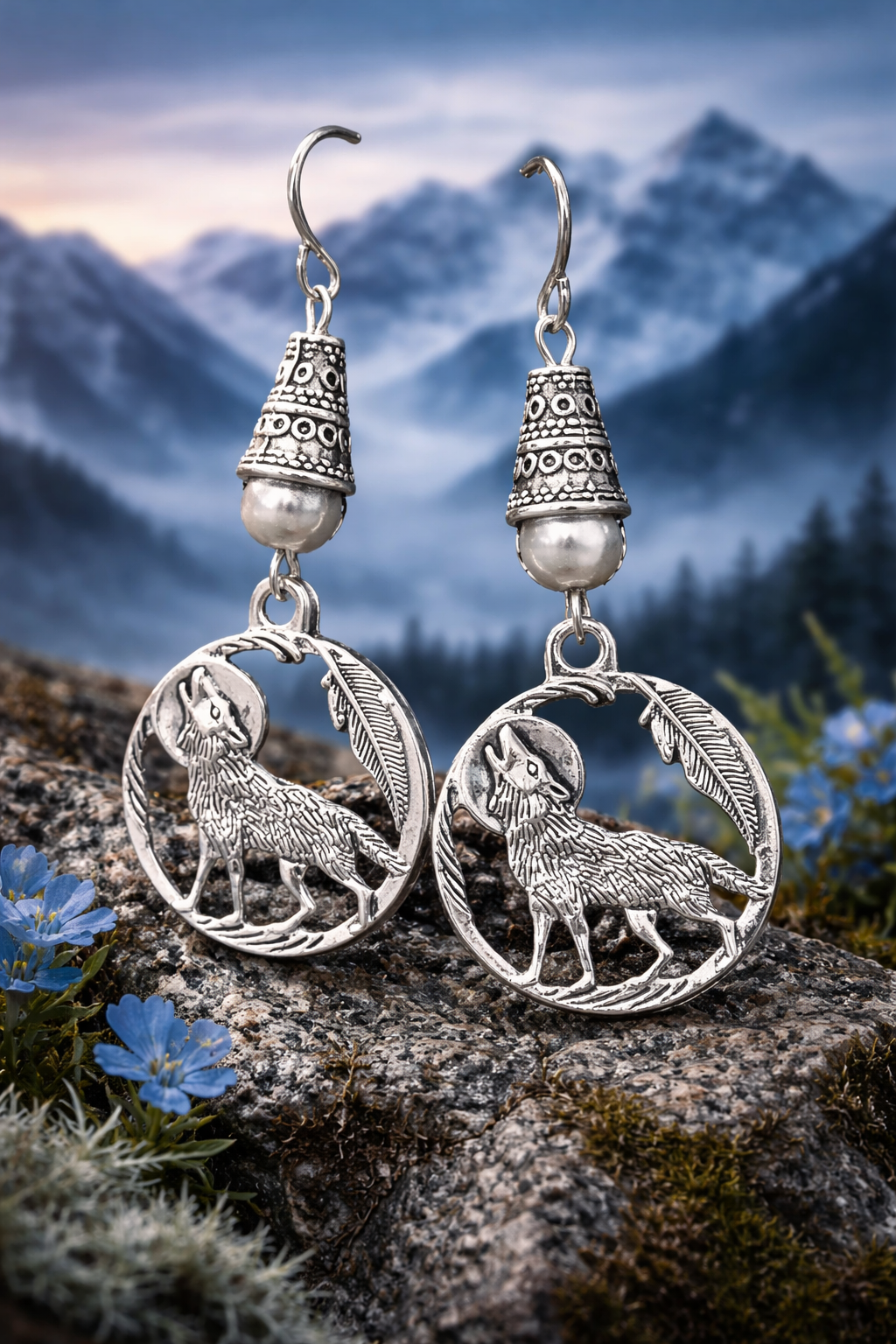 Wolf Handmade Earrings with a Gray Accent