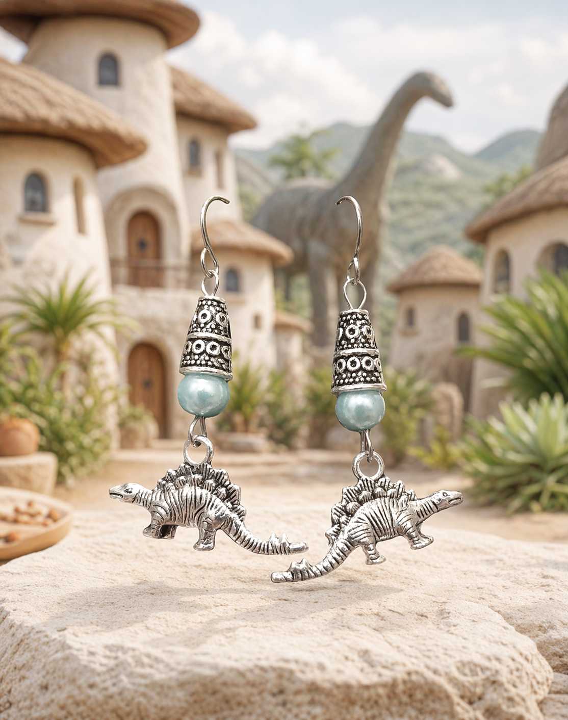 Dinosaur Handmade Earrings with a Turquoise Glass Accent