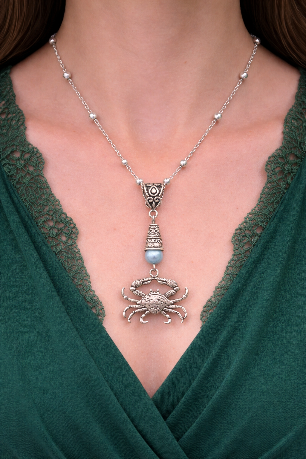 Crab Handmade Necklace on a Sterling Silver Chain with a Light Blue Accent
