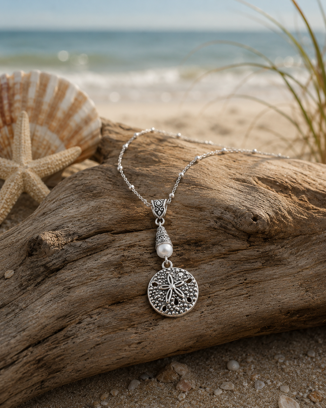 Sand Dollar Handmade Necklace on a Sterling Silver Chain with a White Accent