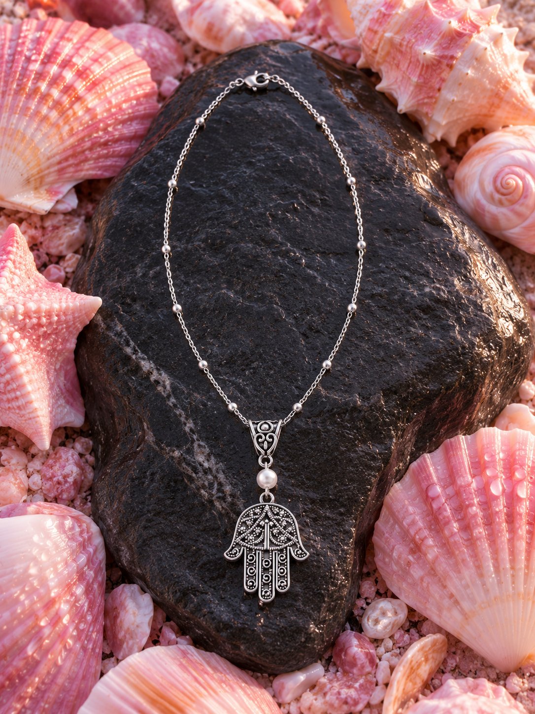 Hamsa Pearl Handmade Necklace on a Sterling Silver Chain