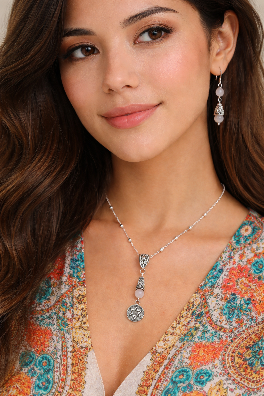 Jewish Star Of David Rose Quartz Handmade Necklace on a Sterling Silver Chain