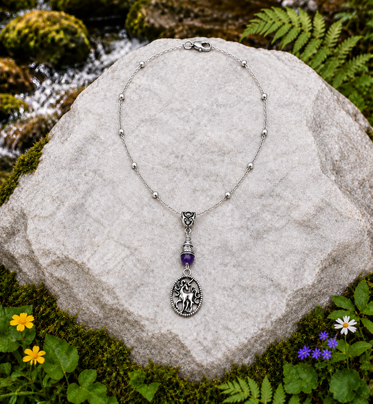 Unicorn Semiprecious Handmade Necklace on a Sterling Silver Chain