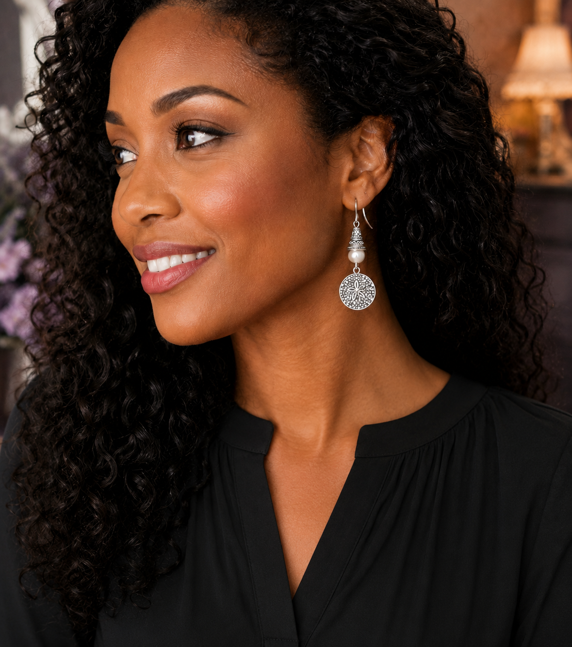 Sand Dollar Earrings White Model Black Top ChatGPT.png