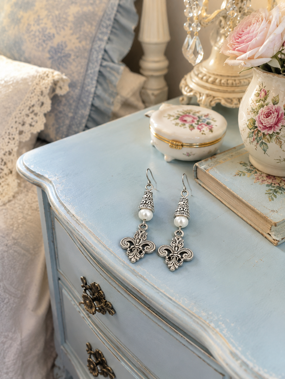 Fleur De Lis Earrings White Accent Dresser ChatGPT.png