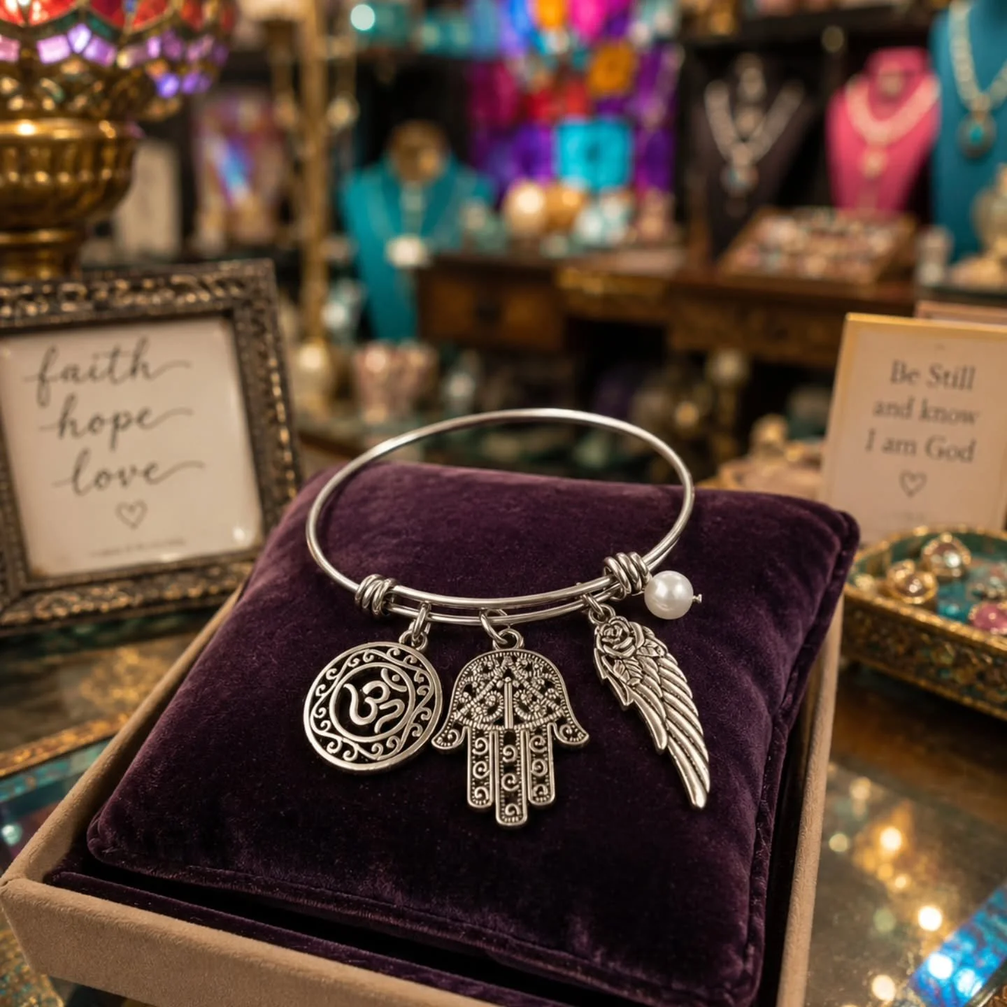 Eternal signs of peace, love and protection - the om, hamsa and wing.

Handcrafted pearl om, hamsa and wing expandable bracelet. $20

#om #hamsa #bracelet #1213jewelry #handcrafted
