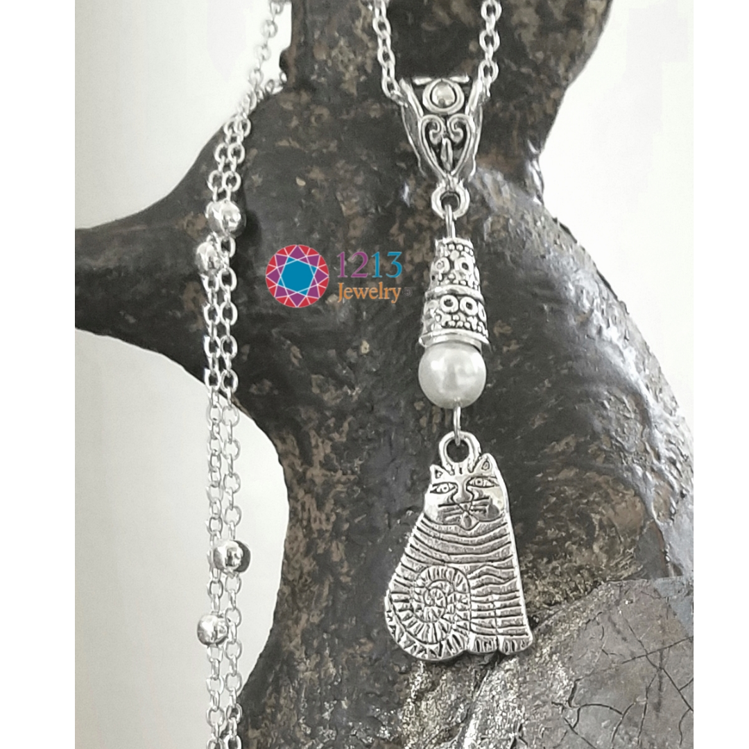 Cat Handmade Necklace on a Sterling Silver Chain with a White Accent