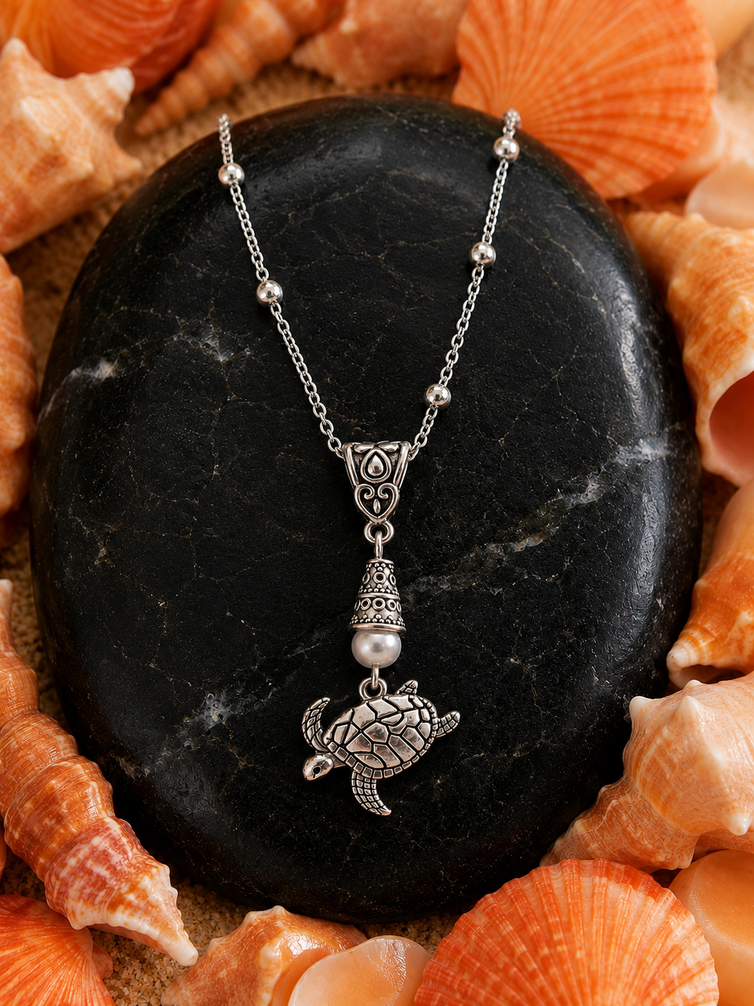 Turtle Handmade Necklace on a Sterling Silver Chain with a White Accent