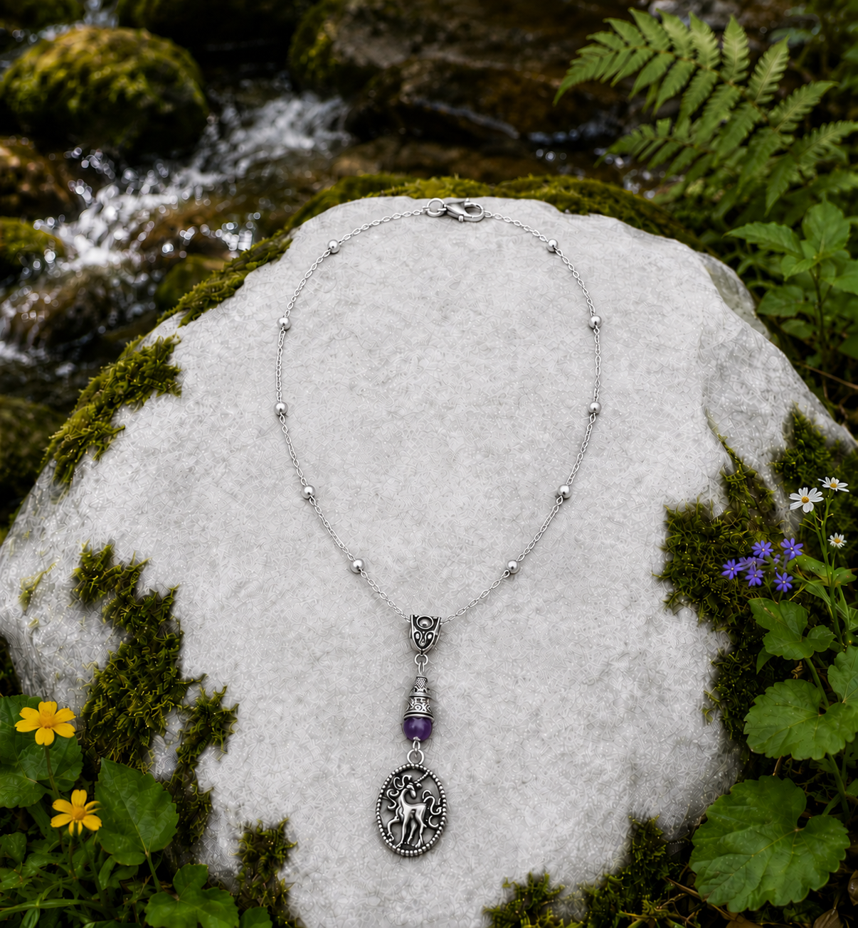 Unicorn Semiprecious Handmade Necklace on a Sterling Silver Chain