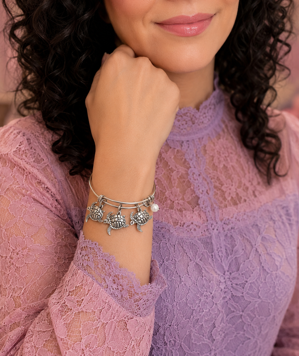 Turtle Pearl Bracelet Pink Purple Lace Model ChatGPT.png