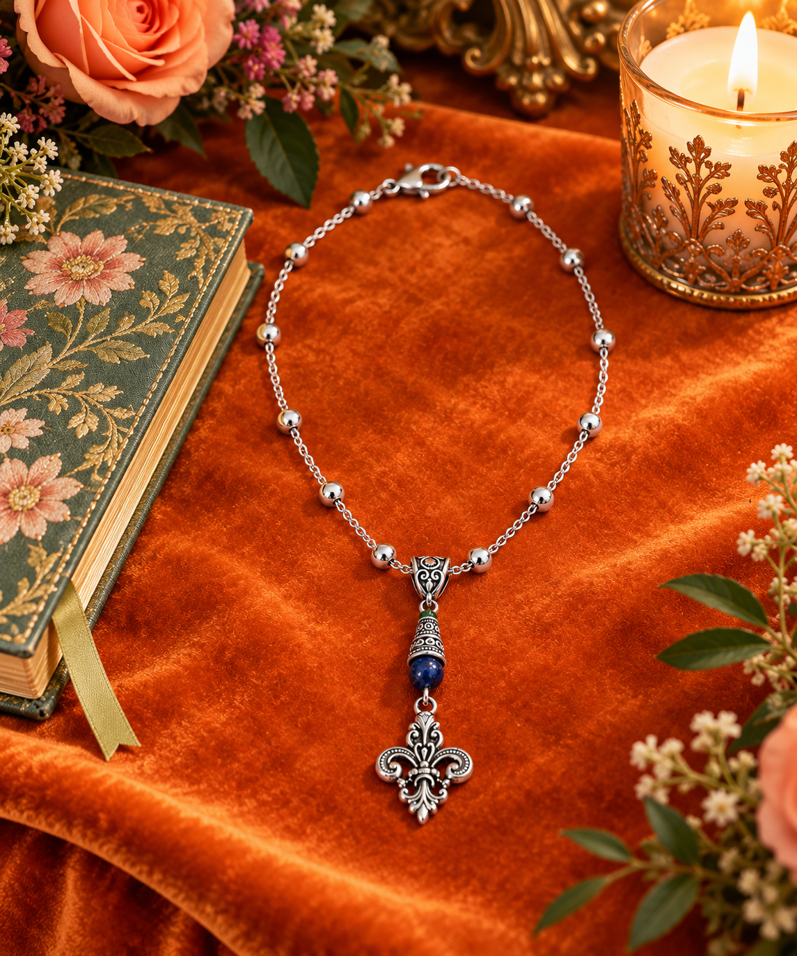 Fleur De Lis Necklace Blue Accent Velvet ChatGPT.png