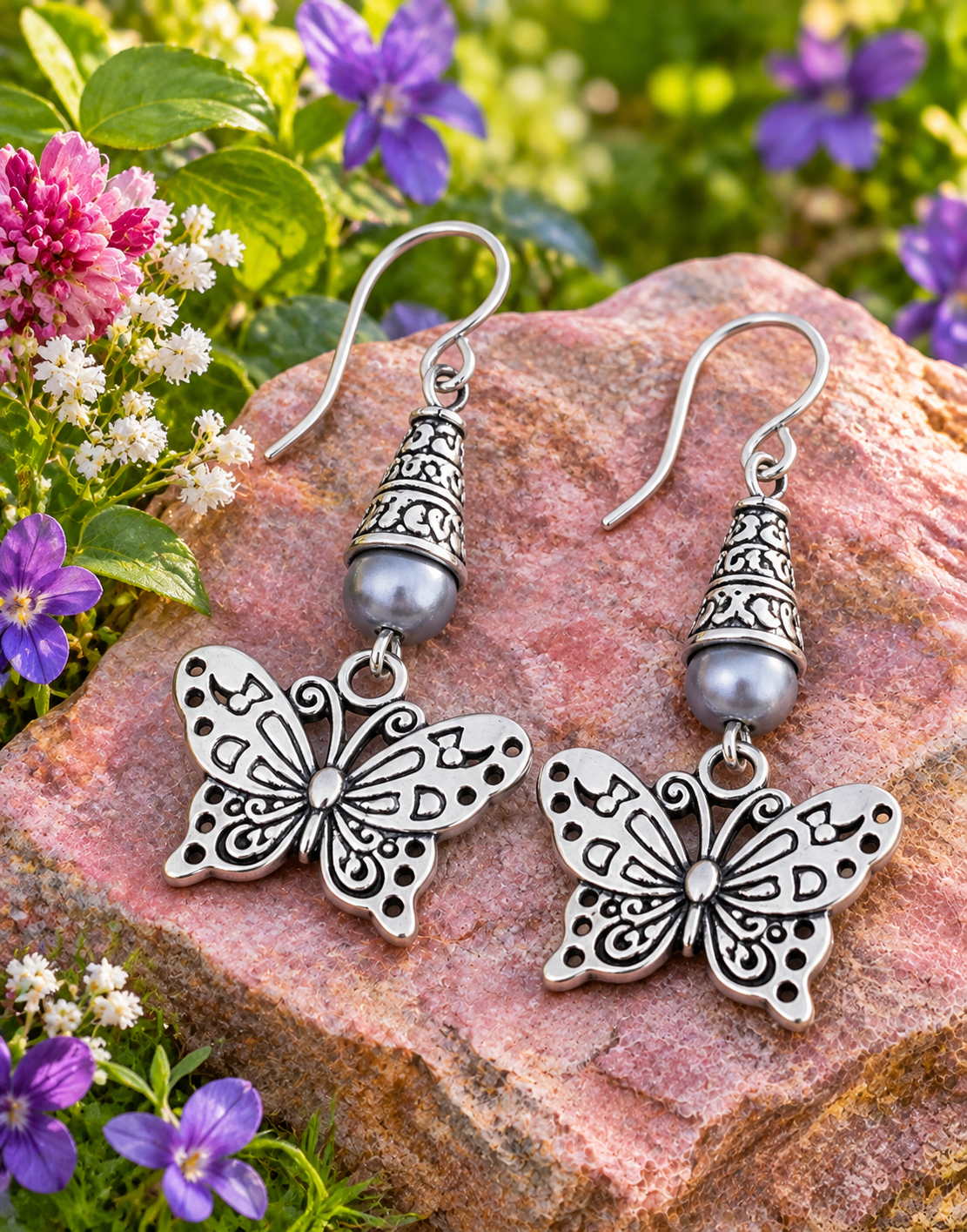 Butterfly Earrings Gray Accent Pink Rock Flowers ChatGPT.png