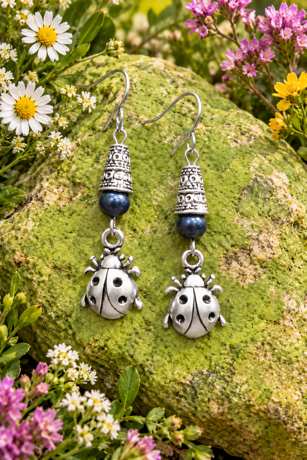 Ladybug Handmade Earrings with a Blue Accent