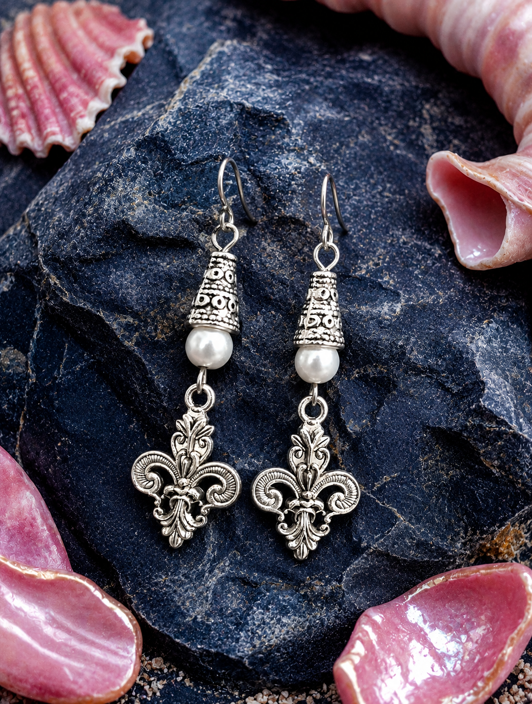 Fleur De Lis Handmade Earrings with a White Accent