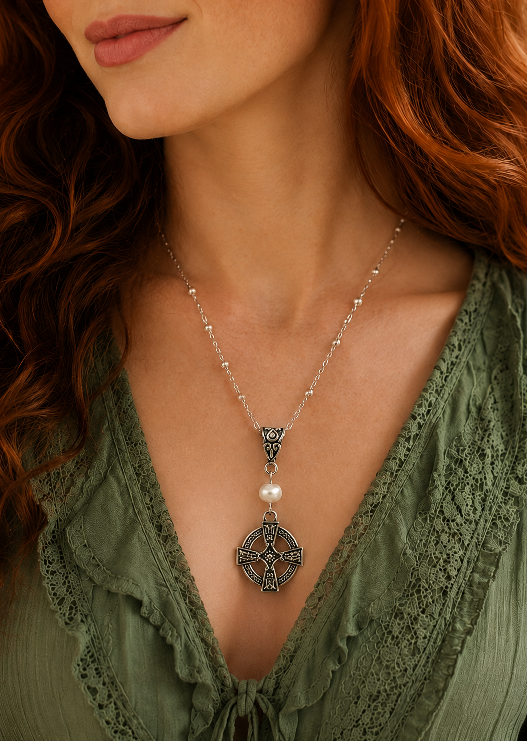 Celtic Cross Pearl Handmade Necklace on a Sterling Silver Chain