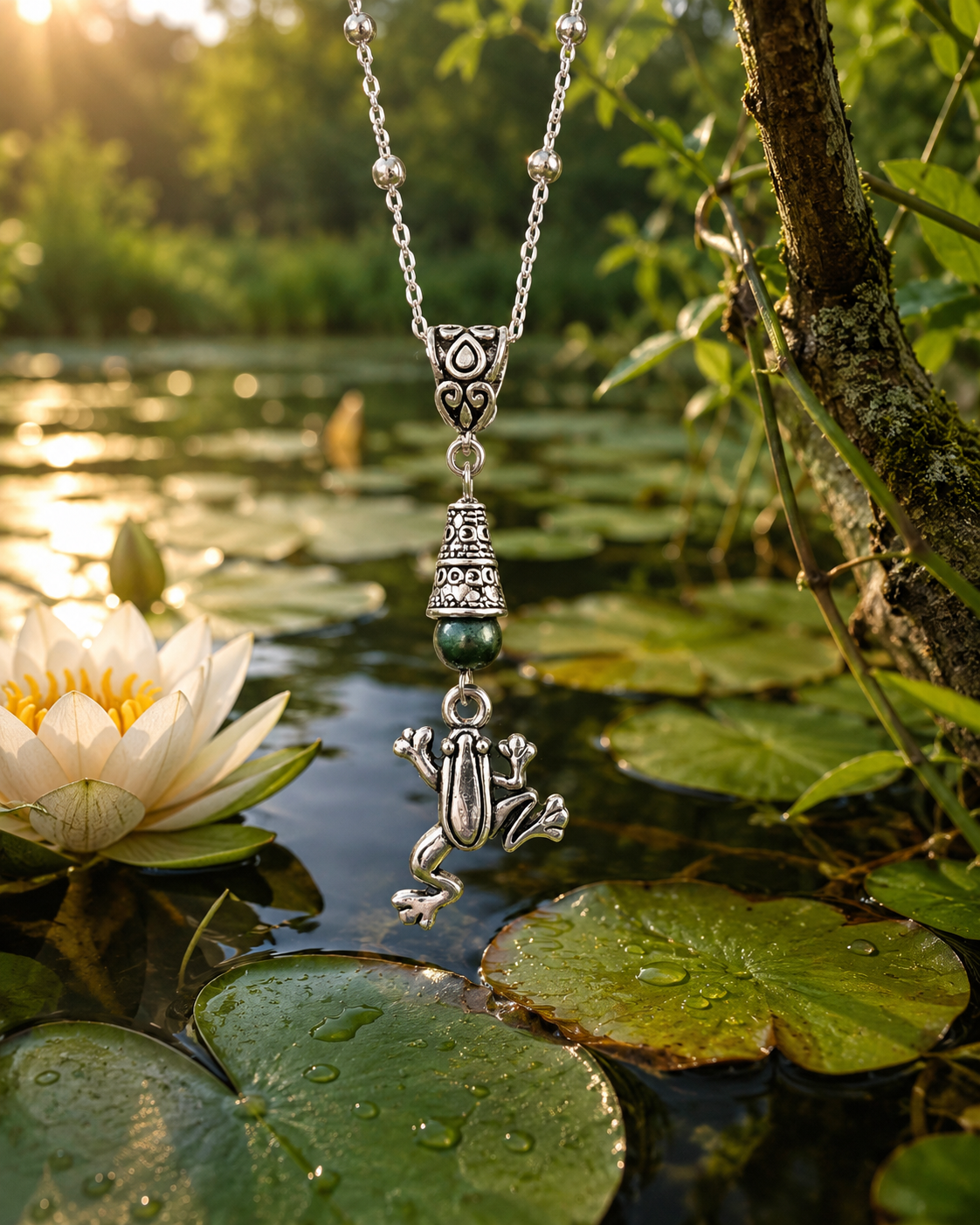 Frog Handmade Necklace on a Sterling Silver Chain with a Green Accent