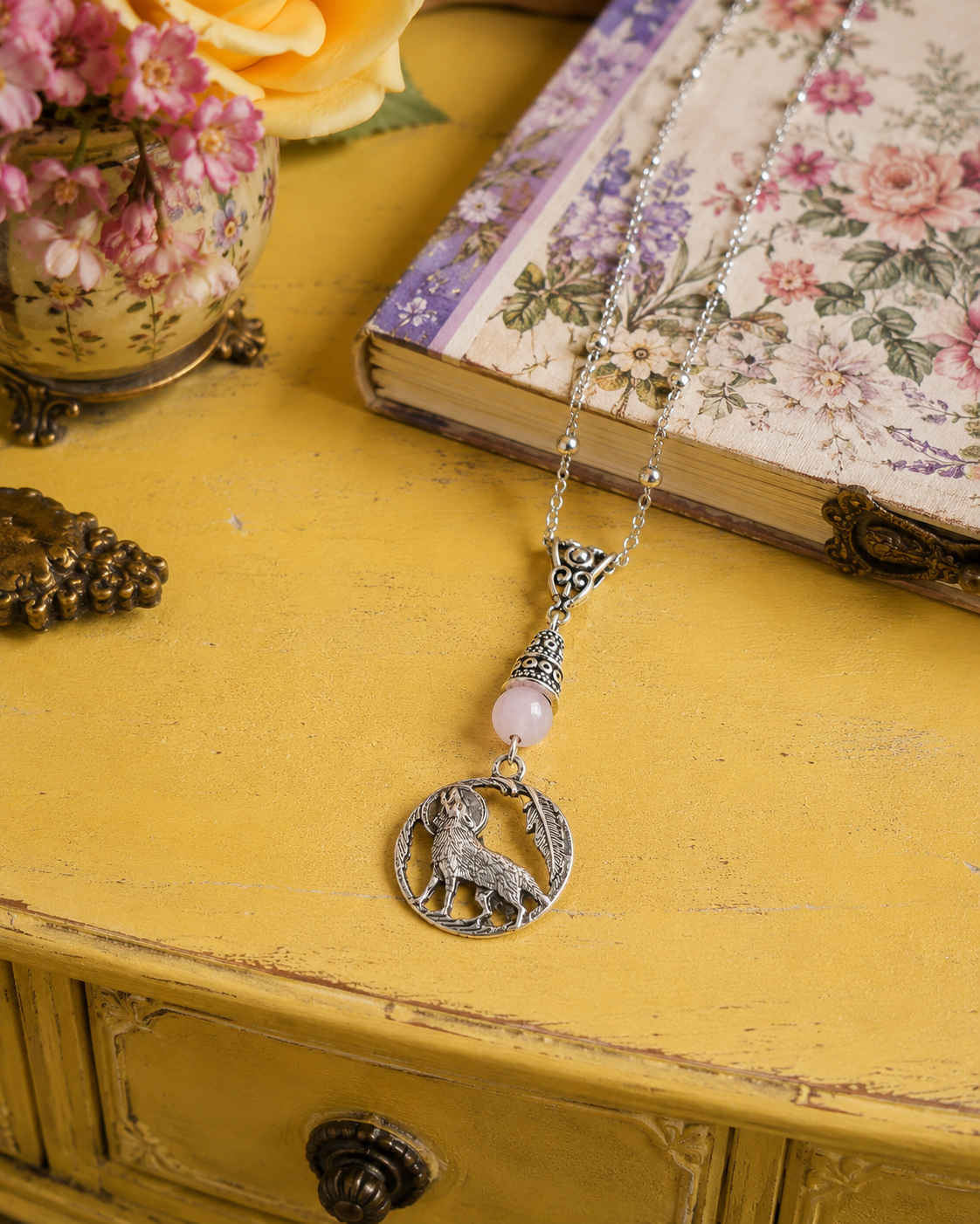 Wolf Rose Quartz Necklace Yellow Dresser ChatGPT.png