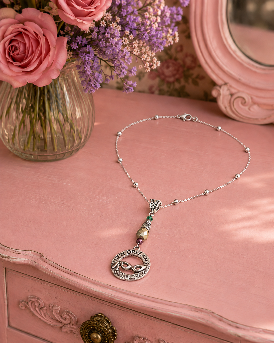 New Orleans Mardi Gras Handmade Necklace on a Sterling Silver Chain