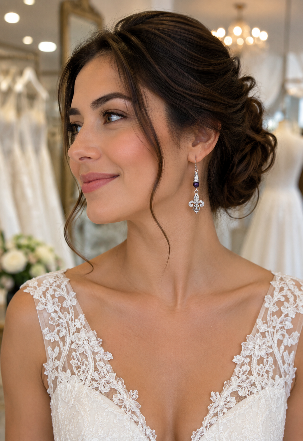 Fleur De Lis Purple Earrings Wedding Model ChatGPT.png
