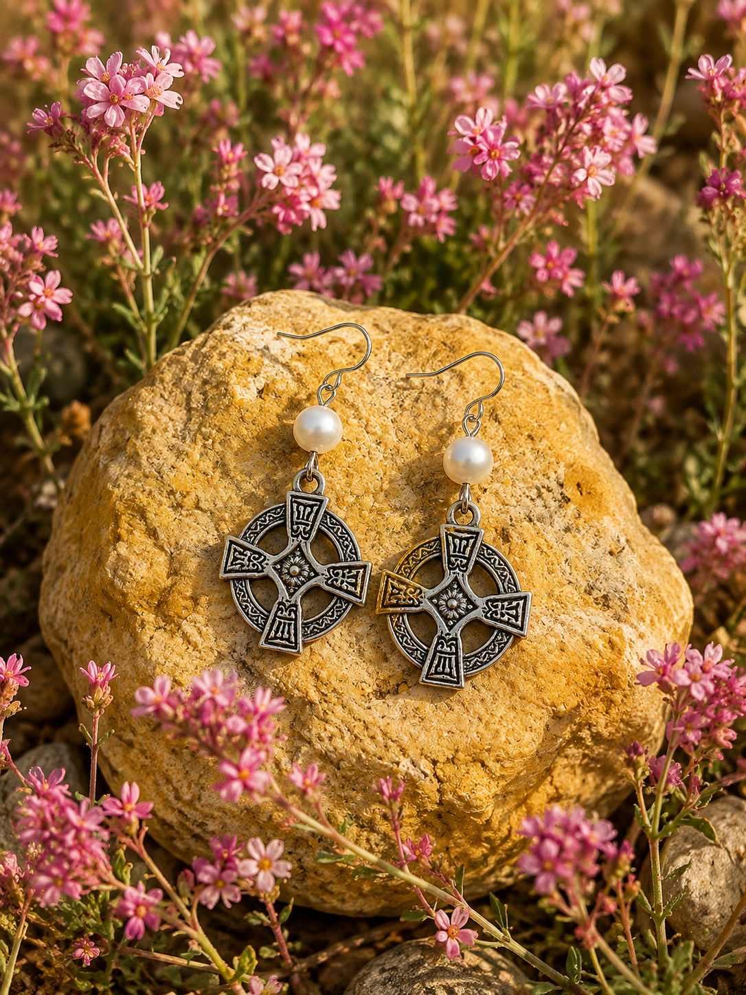 Celtic Cross Pearl Handmade Earrings