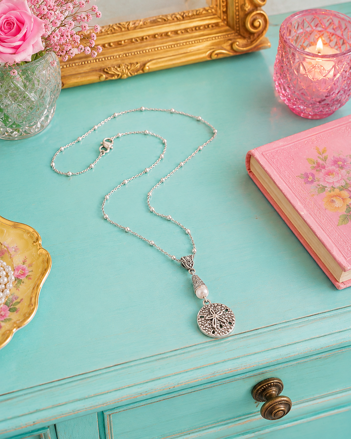 Sand Dollar Necklace White Bright Dresser ChatGPT.png