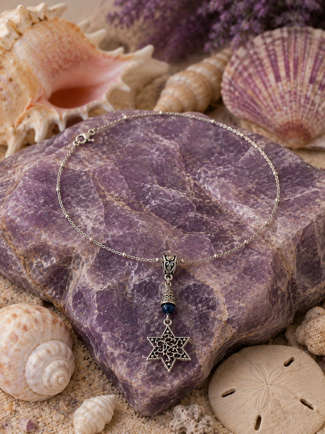 Star Of David Blue Filigree Necklace Rock Shells ChatGPT.png