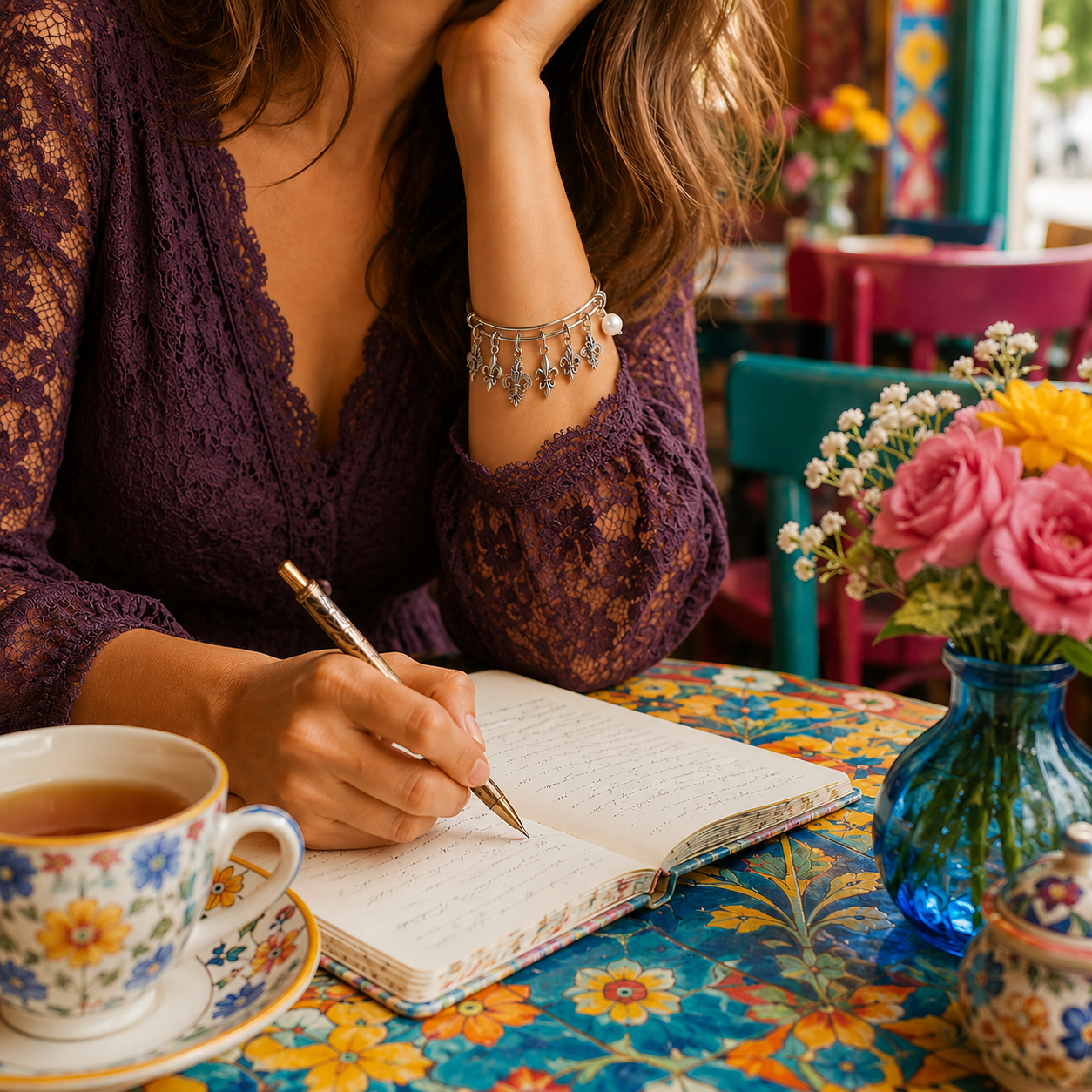 Fleur De Lis Pearl Bracelet Journal Cafe Model ChatGPT.png