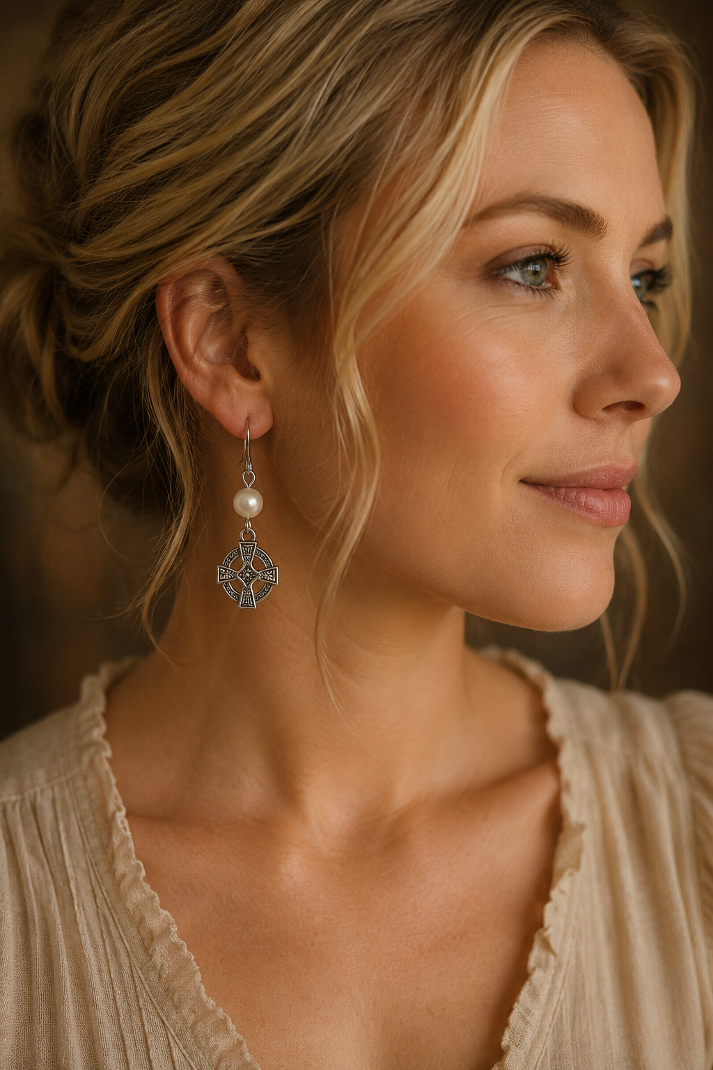 Celtic Cross Pearl Earraings Model ChatGPt.png