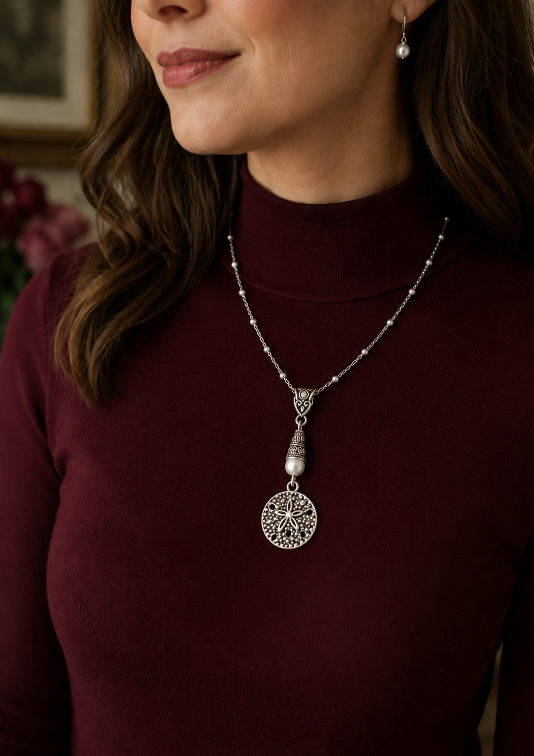 Sand Dollar Necklace Model Burgundy ChatGPT.png