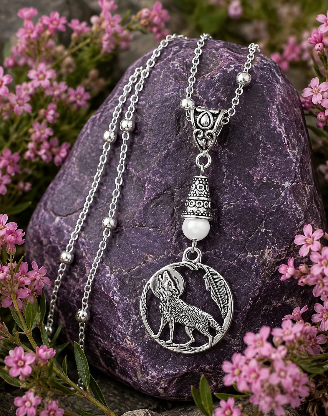 Wolf Handmade Necklace on a Sterling Silver Chain with a White Accent