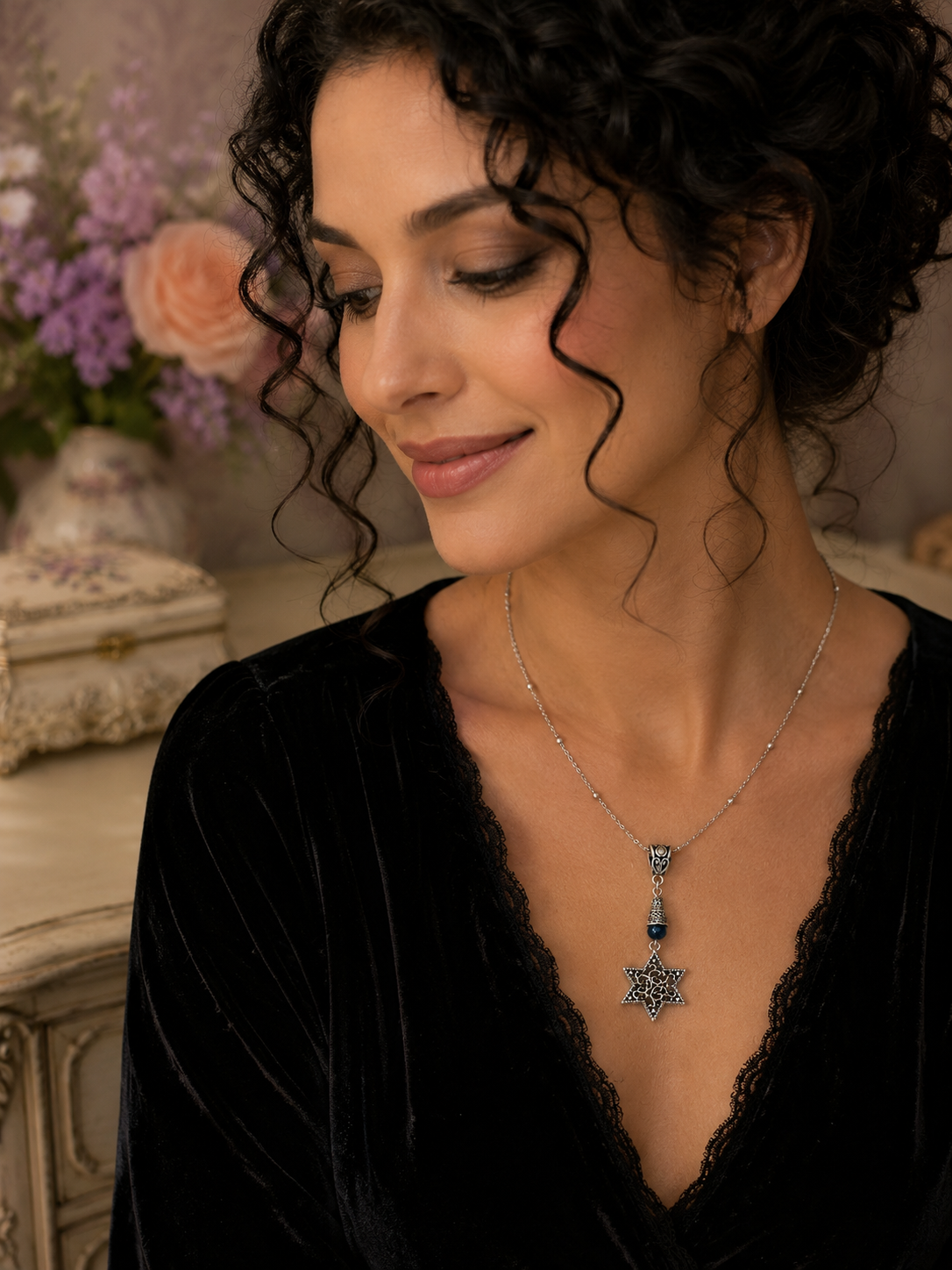 Star Of David BLue Filigree Necklace Jewish Woman ChatGPT.png