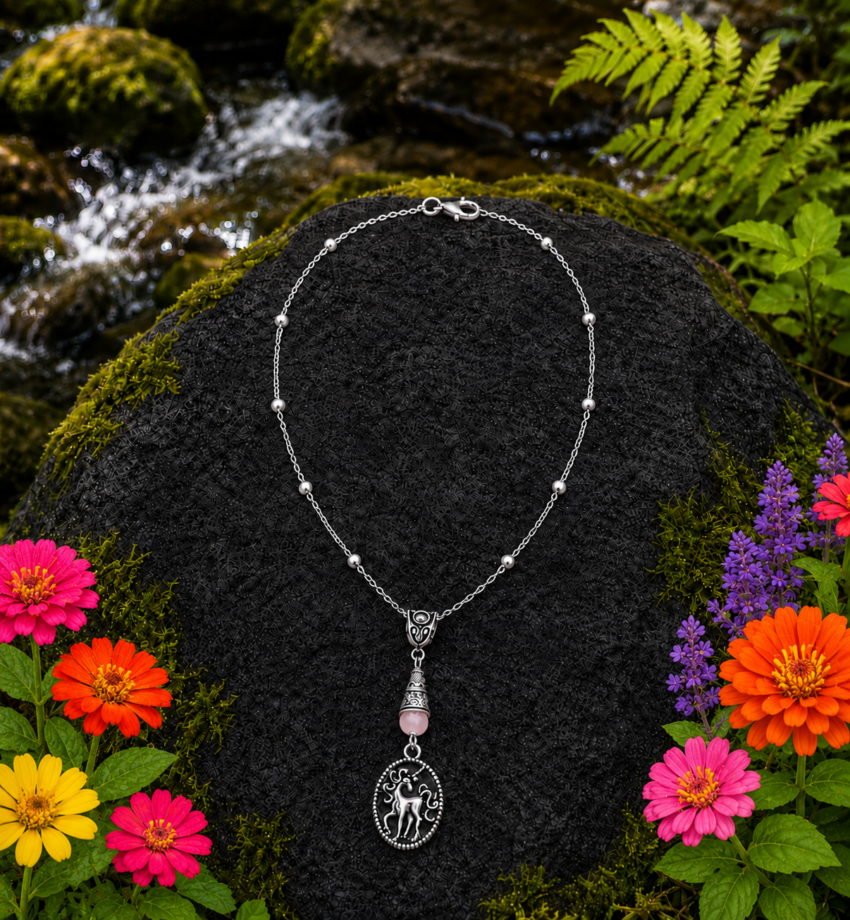 Unicorn Semiprecious Handmade Necklace on a Sterling Silver Chain