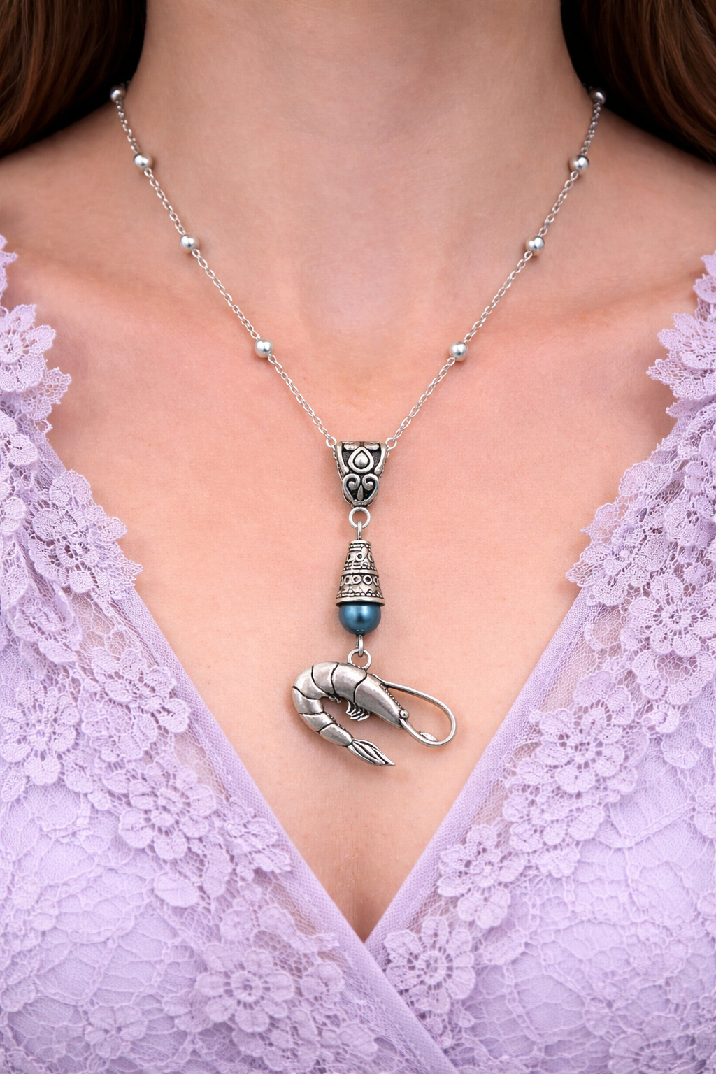 Shrimp Handmade Necklace on a Sterling Silver Chain with a Blue Accent