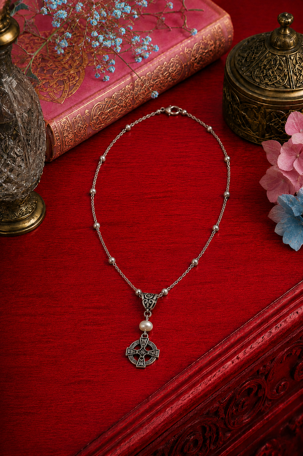 Celtic Cross Pearl Necklace Red Dresser ChatGPT.png