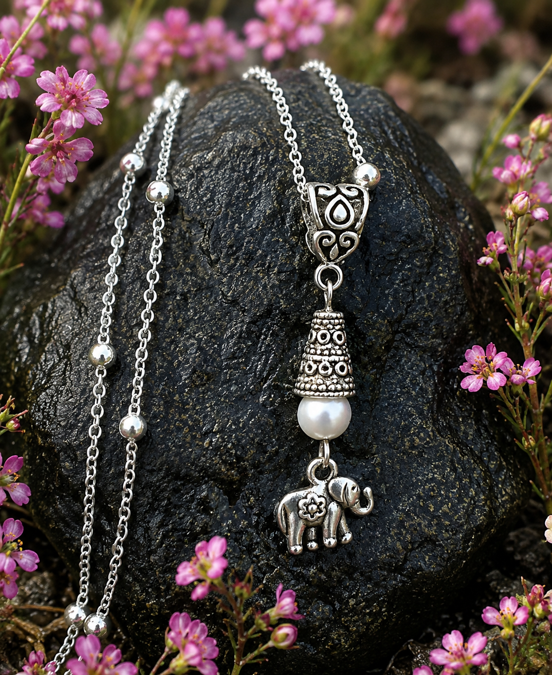 Elephant Handmade Necklace on a Sterling Silver Chain with a White Accent
