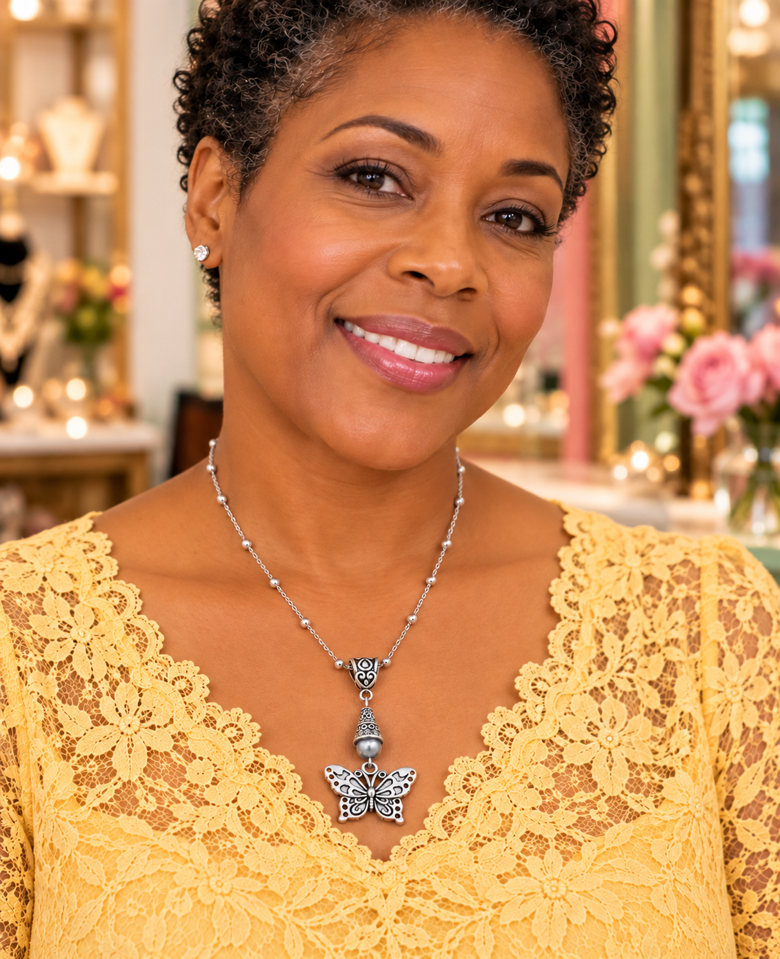Butterfly Necklace Gray Accent Woman Yellow Lace ChatGPT.png