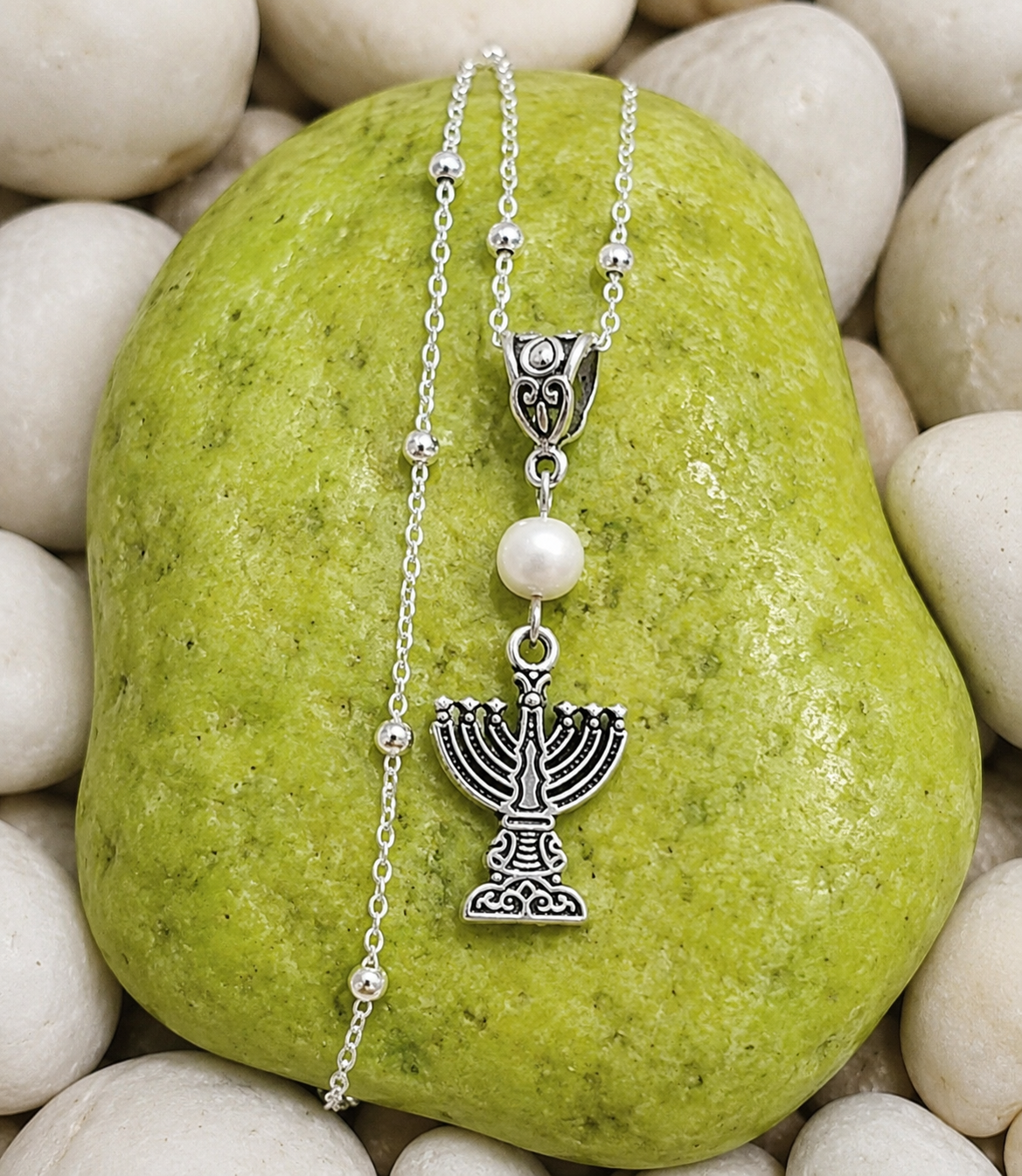 Jewish Menorah Pearl Handmade Necklace on a Sterling Silver Chain