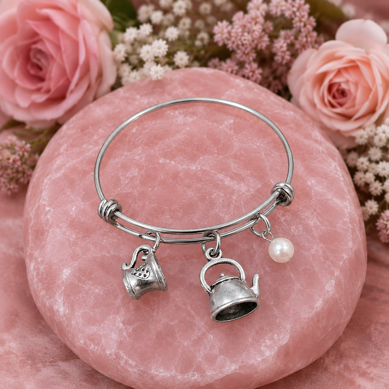 Teapot & Tea Cup Semiprecious Handmade Bracelet