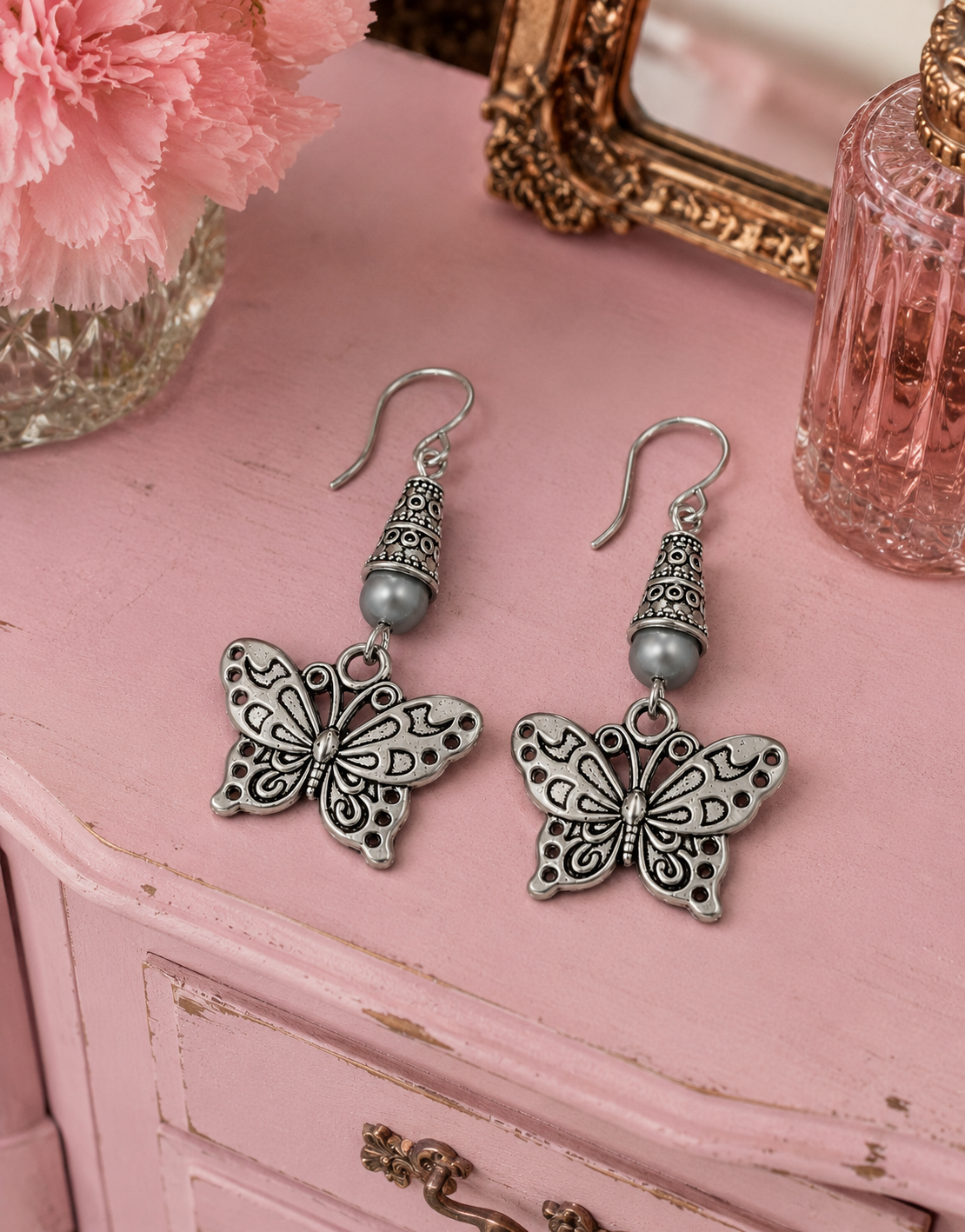 Butterfly Handmade Earrings with a Gray Accent