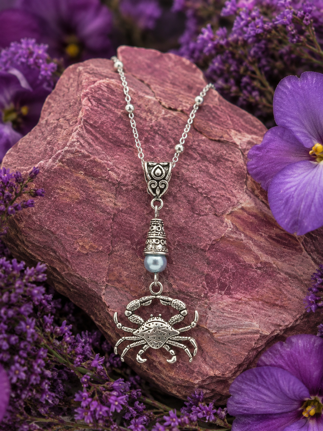 Crab Handmade Necklace on a Sterling Silver Chain with a Light Blue Accent