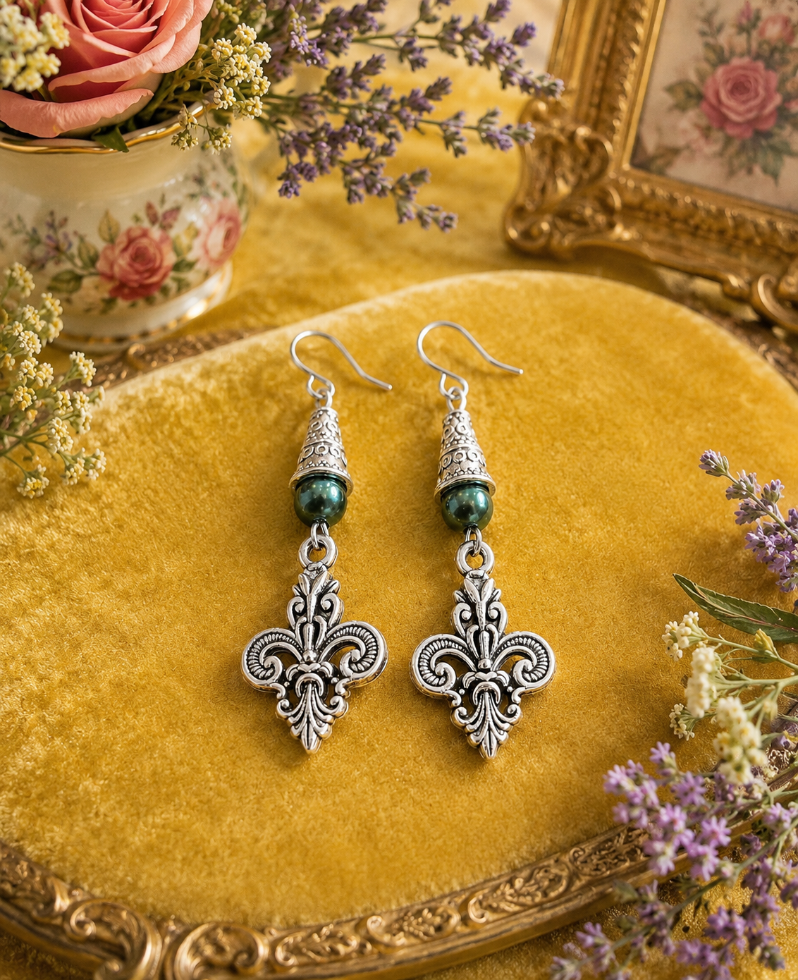 Fleur De Lis Green Earrings Velvet ChatGPT.png