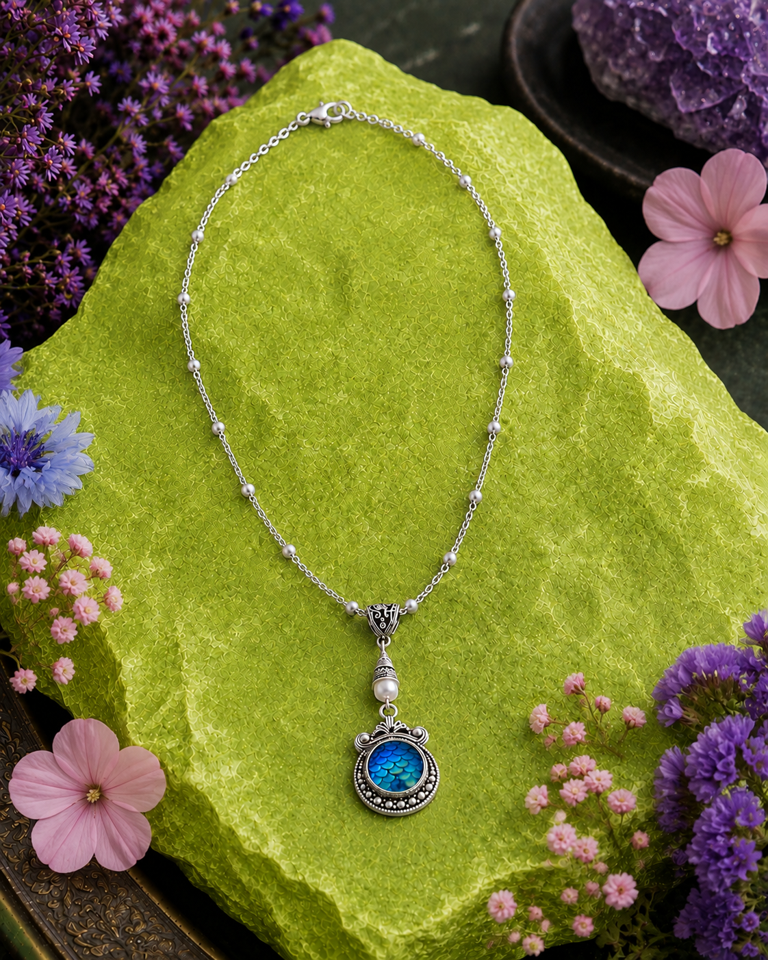 Mermaid Fin Semiprecious Handmade Necklace on a Sterling Silver Chain