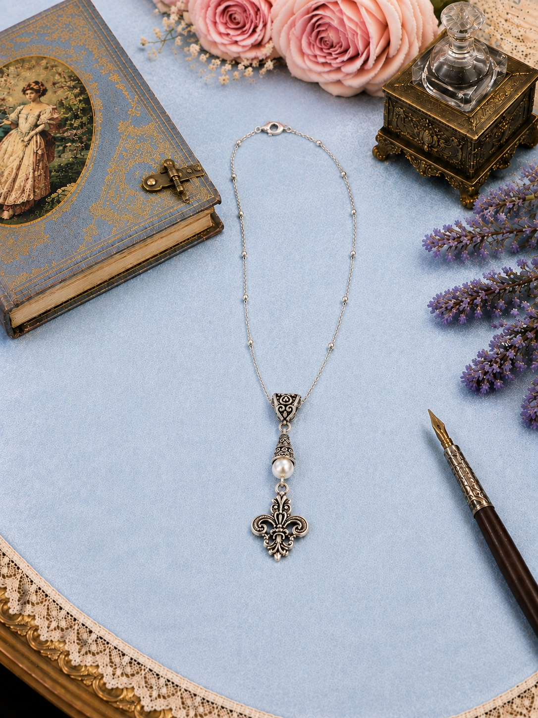 Fleur De Lis Necklace White Velvet Table ChatGPT.png